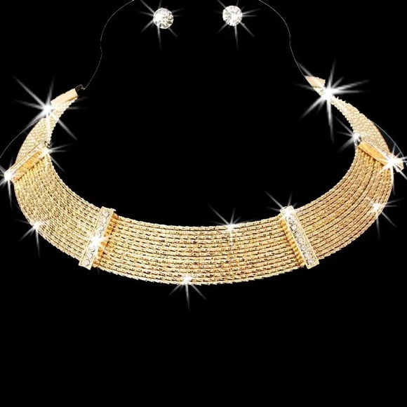 14-Line Diamond Cut Pave Crystal Cleopatra Collar Necklace Studs Gold - Picture 1 of 5